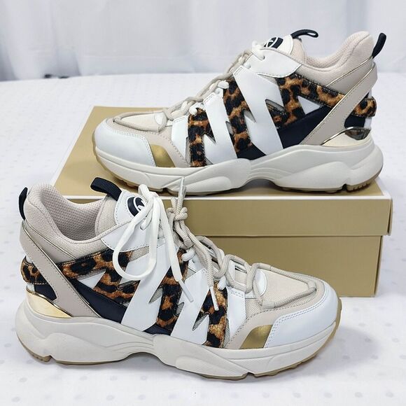 Michael Kors Sneakers Womens Sz 10 Ecru Hero Trainer Animal Print Small Air Mesh - Picture 1 of 16